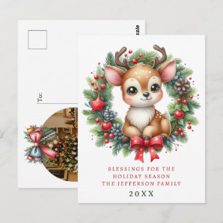 Personalisierter Weihnachtskranz mit süßen Hirsche Postkarte