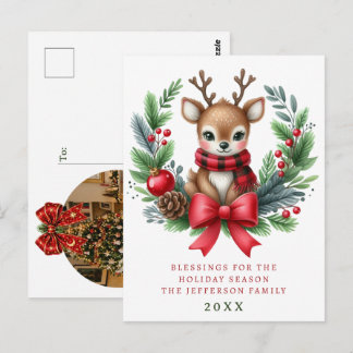Personalisierter Weihnachtskranz mit süßen Hirsche Postkarte