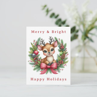 Personalisierter Weihnachtskranz mit süßen Hirsche Postkarte