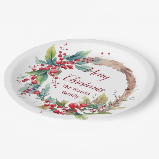 Personalisierter Weihnachtskranz Pappteller (Schrägansicht)