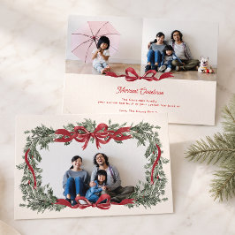 Personalisierter Weihnachtskranz rotes Band 3 Foto Feiertagskarte