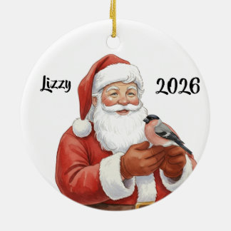 Personalisierter Weihnachtsmann mit Dompfaff Keramik Ornament