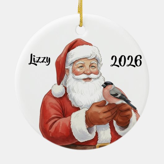Personalisierter Weihnachtsmann mit Dompfaff Keramik Ornament (Hinten)