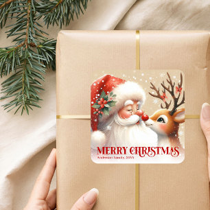 Personalisierter Weihnachtsmann Rudolph Frohe Weih Quadratischer Aufkleber