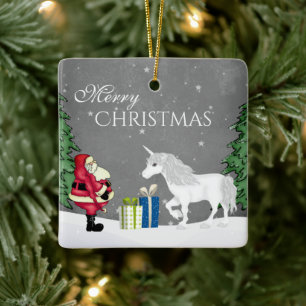 Personalisierter Weihnachtsmann und Einhorn Frohe Keramikornament