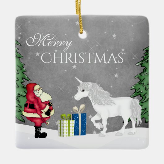 Personalisierter Weihnachtsmann und Einhorn Frohe Keramikornament (Vorderseite)
