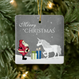 Personalisierter Weihnachtsmann und Einhorn Frohe  Keramikornament