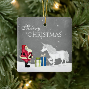Personalisierter Weihnachtsmann und Einhorn Frohe  Keramikornament