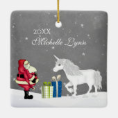 Personalisierter Weihnachtsmann und Einhorn Frohe  Keramikornament (Rückseite)