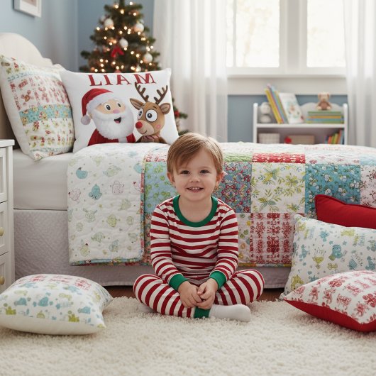 Personalisierter Weihnachtsmann und Rentier Dekokissen