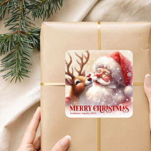Personalisierter Weihnachtsmann und Rudi das Renti Quadratischer Aufkleber