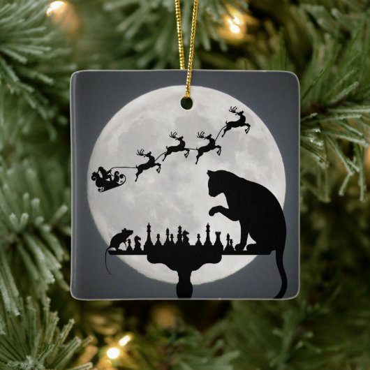 Personalisierter Weihnachtsmann und Vollmondkatze  Keramikornament (Baum)