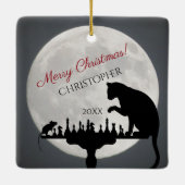 Personalisierter Weihnachtsmann und Vollmondkatze  Keramikornament (Rückseite)