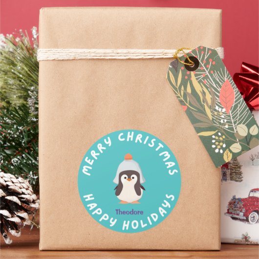 Personalisierter Weihnachtsurlaub Penguin Blau Runder Aufkleber (Feiertag)