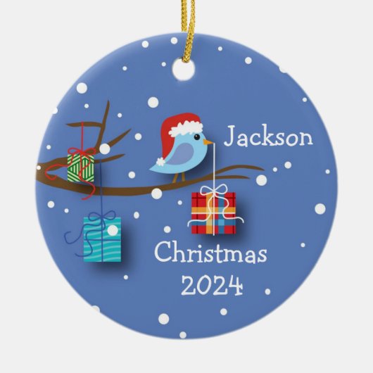 Personalisierter Weihnachtsvogel mit Geschenken Keramik Ornament (Vorne)