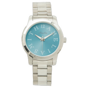 Personalisierter Weißbuchstabe Aquamariner Blauer Armbanduhr