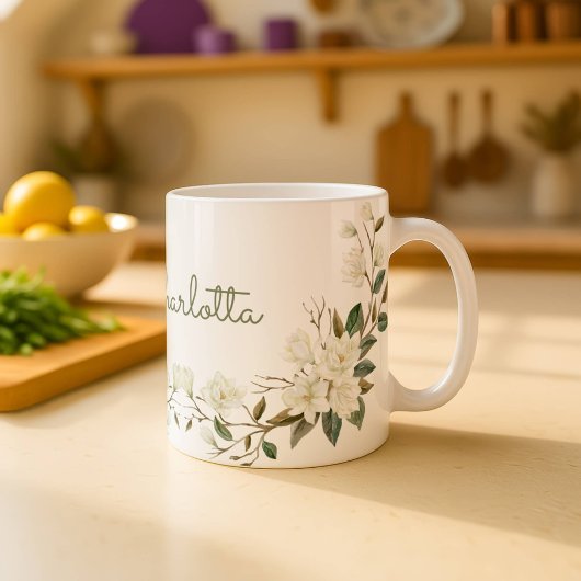 Personalisierter weißer Blumengrüßebecher, elegant Kaffeetasse