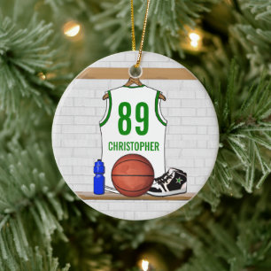 Personalisierter weißer grüner Basketball Jersey Keramik Ornament