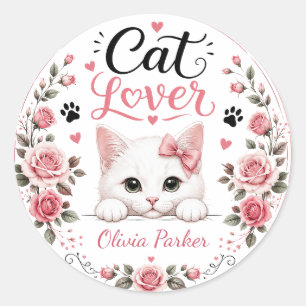 Personalisierter Weißer Katzenliebhaber Name Rosa Runder Aufkleber
