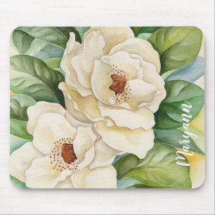 Personalisierter weißer Magnolien-BlumenWatercolo Mousepad