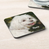 Personalisierter weißer maltesischer Welpenhund Getränkeuntersetzer (Linke Seite)