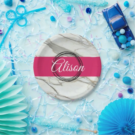 Personalisierter weißer Marmor fuchsienrosa Pappteller (Party)