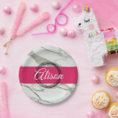 Personalisierter weißer Marmor fuchsienrosa Pappteller (Party)