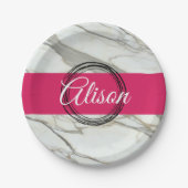 Personalisierter weißer Marmor fuchsienrosa Pappteller (Vorderseite)
