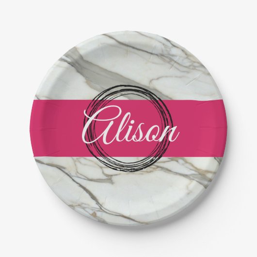 Personalisierter weißer Marmor fuchsienrosa Pappteller (Vorderseite)