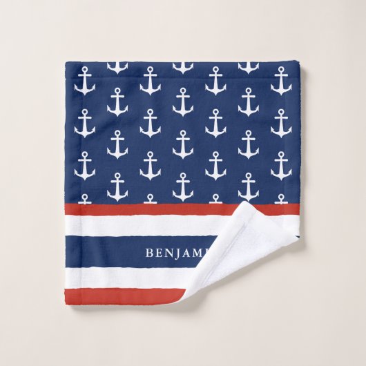 Personalisierter Weißer Navy-Blue-Anker Badhandtuch Set (Waschlappen)