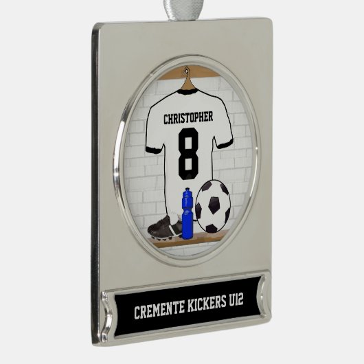 Personalisierter weißer schwarzer Fußball-Fußball Banner-Ornament Silber (Rechts)