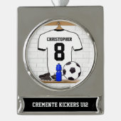 Personalisierter weißer schwarzer Fußball-Fußball Banner-Ornament Silber (Vorderseite)