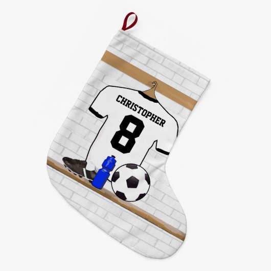 Personalisierter weißer schwarzer Fußball-Fußball Großer Weihnachtsstrumpf (Vorderansicht (hängend))