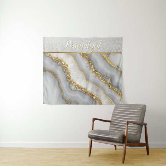 Personalisierter weißer und goldflüssiger Mondstei Wandteppich (Beispiel (Horizontal))