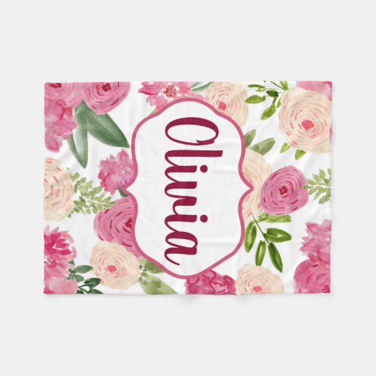 Personalisierter weißer Watercolor Blumendecke Fleecedecke (Vorderseite (Horizontal))