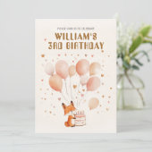Personalisierter Whimsical Fox und Balloons Geburt Einladung (Stehend Vorderseite)