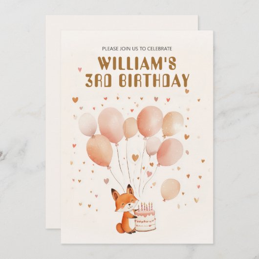 Personalisierter Whimsical Fox und Balloons Geburt Einladung (Vorne/Hinten)