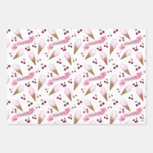 Personalisierter Whimsischer Kirscheis Creme Rosa Geschenkpapier Set (Vorderseite)