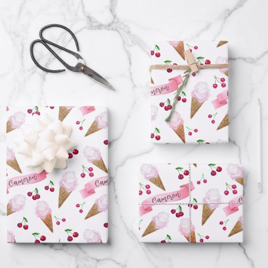 Personalisierter Whimsischer Kirscheis Creme Rosa Geschenkpapier Set (Vorderseite)