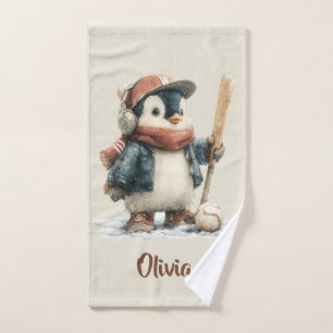 Personalisierter Winter-Pinguin-Baseballanzug für Badhandtuch Set