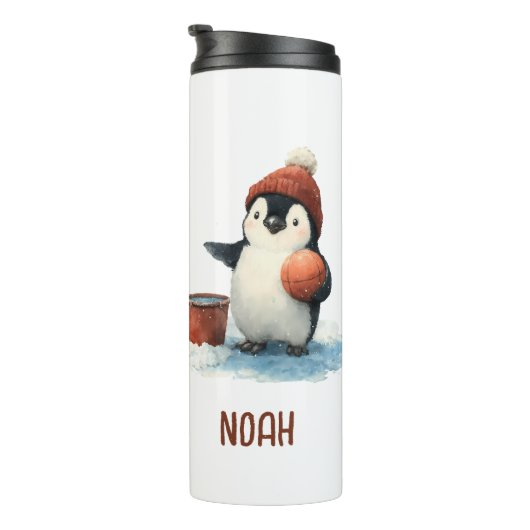Personalisierter Winter-Pinguin-Basketball Kind Thermosbecher (Nach rechts gedreht)