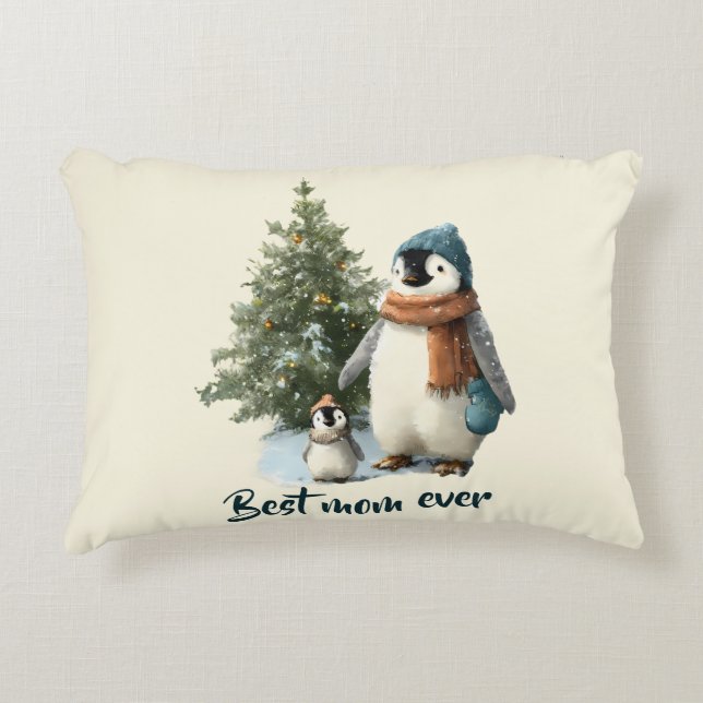 Personalisierter Winter-Pinguin „Beste Mutter über Dekokissen (Vorderseite)