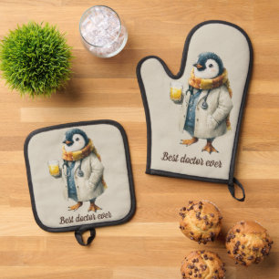 Personalisierter Winter-Pinguin „Bester Arzt überh Ofenhandschuh & Topflappen-Set