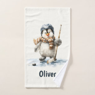 Personalisierter Winter-Pinguin-Hockey-Kid Badhandtuch Set