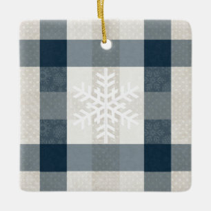 Personalisierter Winterschneeflocken Blauer Karier Keramikornament