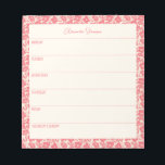 Personalisierter Wochenplaner Vintag Rote Flora Notizblock<br><div class="desc">Ein stilvolles personalisiertes Wochenplaner-Notizblock mit Vintager,  roter Blumengrenze.</div>