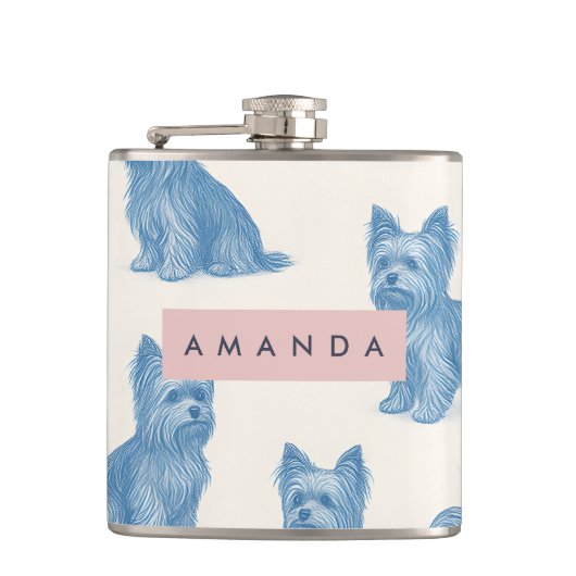 Personalisierter Yorkshire Terrier Blau Namensgesc Flachmann (Vorderseite)