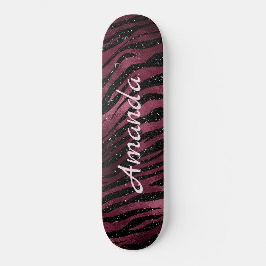 Personalisierter Zebra Black & Burgund Glitzer Skateboard (Vorderseite)