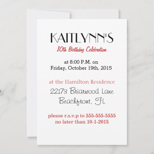 Personalisierter Zebra-Druckschrei oder Pom in Rot Einladung (Rückseite)