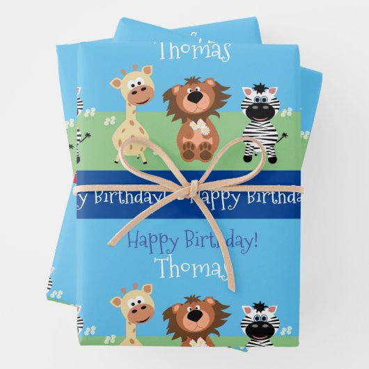 Personalisierter Zoo Themenkids Geschenkpapier Set (Beispiel)